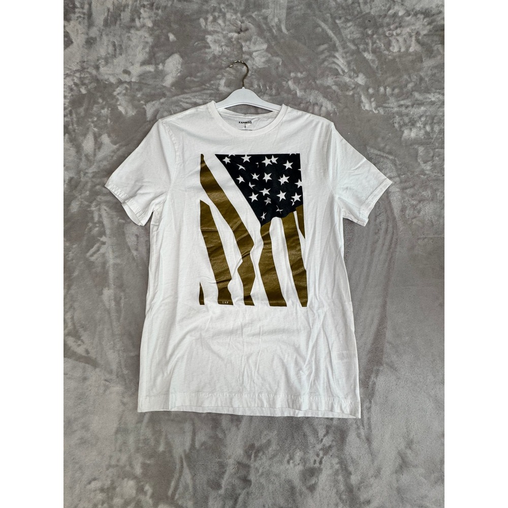 Express White Graphic T-Shirt Gold American Flag Short Sleeve Cotton Kids Size M
